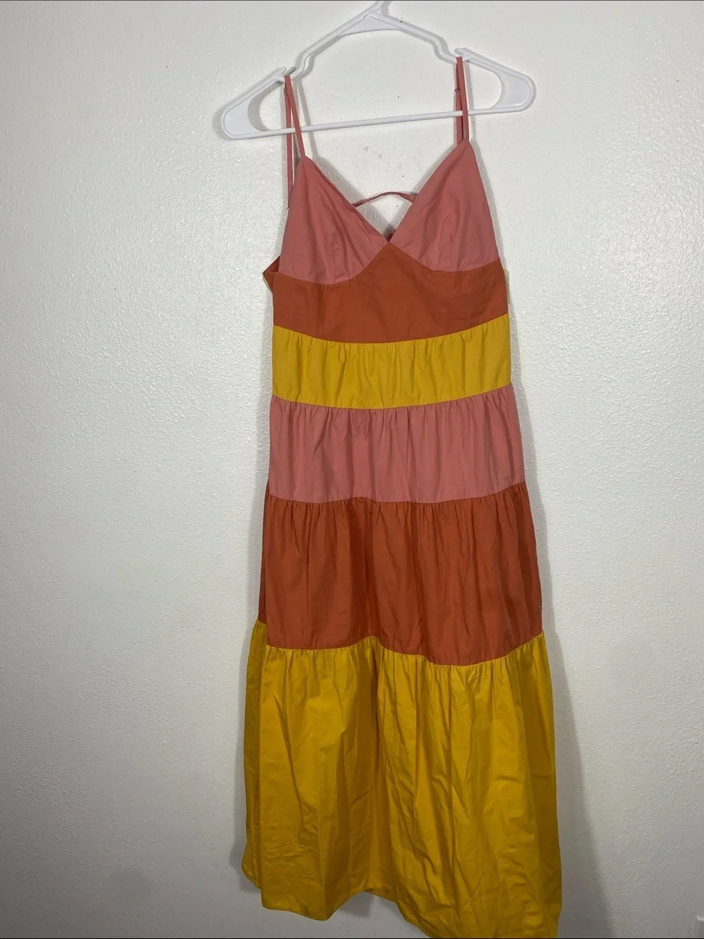 Tiered Colorblock Maxi Dress - Pink, Coral & Yellow Size L 100% Cotton